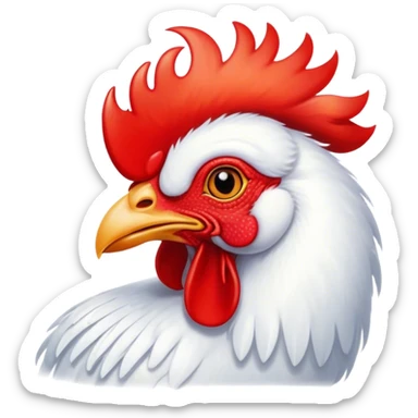 Cinematic Cute White Rooster Portrait Emoji, Head tilted playfully and inquisitively, featuring a glossy, immaculate white plumage with a vibrant red comb, round, sparkling eyes filled with curiosity, Simplified yet irresistibly adorable features, highly detailed, glowing with a warm, friendly glow, high shine, affectionate and spirited, stylized with a touch of farmyard whimsy, bright and endearing, soft glowing outline, capturing the essence of a mischievous yet loving rooster, so playful it feels like it could strut out of the screen and into your arms! sticker
