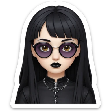 Faça uma moça de cabelo preto micro franja e penteado gótico pálida e com maquiagem gótica pesada olhos castanhos escuro e óculos de sol  sticker