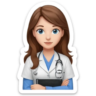 university classroom that says nursing school on the blackboard with a pretty female nursing student with long brown hair, blue eyes sticker