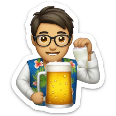 Japanese wearing roundglasses alohashirt is holding beer sticker