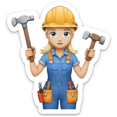 A blond girl blue eyes, habdyman Outfit, wearing a Helmet and a Hammer, Whole body  sticker