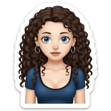 white girl, dark brown long slightly curly hair , skinni but with big breast , septum piercing on nose, beautiful dark gray-blue eyes, showing her toes , sticker