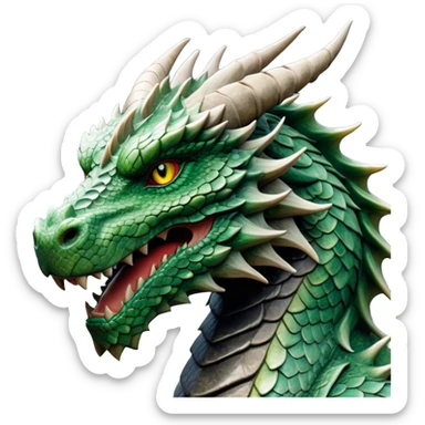 Cinematic Noble Giant Green scaled Dragon Portrait Emoji, Poised and awe-inspiring, with a massive, rugged form carved from ancient stone, featuring intricately textured scales that resemble weathered granite and basalt, and piercing, stony eyes echoing the strength of timeless mountains; rendered with lifelike detail and earthy natural highlights, high shine, formidable and grounded, styled with an aura of primordial majesty, focused and resolute, soft glowing outline, capturing the essence of an enduring rock titan ready to surge from the screen with ageless power! sticker