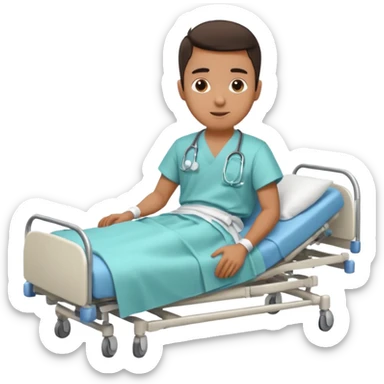 A young hispanic guy is in a hospital bed because of a broken leg. sticker
