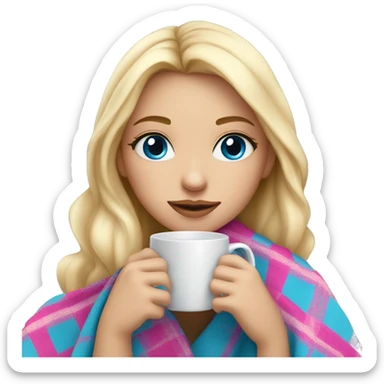 cute blonde girl with long hair wrapped in pink plaid blanket drinking coffee blue eyes sticker