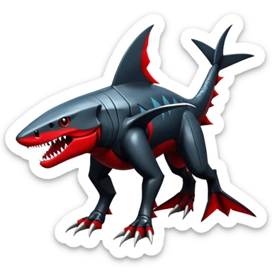 Realistic dark edgy futuristic modern advanced Sharpedo-Houndoom-Garchomp-Gabite-Scizor-sergal-hybrid-animal creature with a shark-tail and red scars, full body, with cool sharp markings  sticker