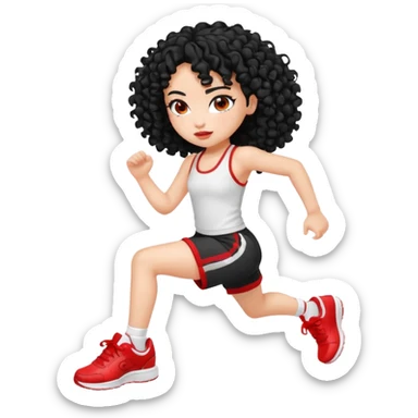 generate a pretty bratz fair skinned girl with curly black hair wearing a white gym set and excersing with red shoes on sticker