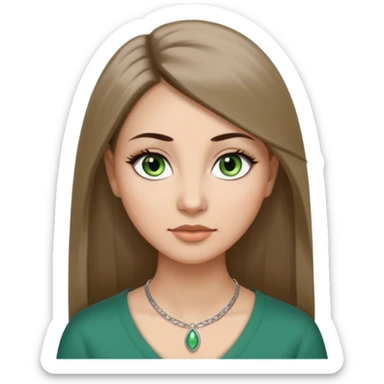 Adult woman avatar, light skin tone, oval face, long straight ashy brown hair, green almond-shaped eyes with dramatic eyelashes and minimal eyeliner, neutral mouth, medium straight eyebrows, small nose, smooth skin sticker
