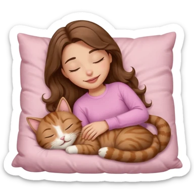 girl with wavy long brown hair, brown eyes, light to medium complexion, long lashes, light pink lipstick, smiling, wearing light pink shirt, sleeping on a cozy pillow, with brown tabby cat, sleeping sticker