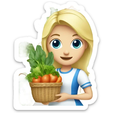 Blonde girl with blue eyes wearing a dress carrying baskets of vegetables and greens sticker