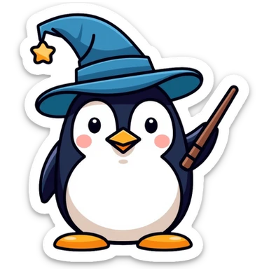 Penguin dressed as a wizard with a magical wand and pointy wizard hat sticker