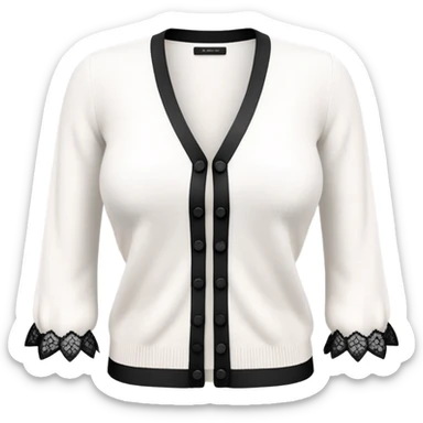 white cashmere cardigan with 8 tiny black lace bows all over front and sleeves, realistic 3d isolated, soft texture sticker