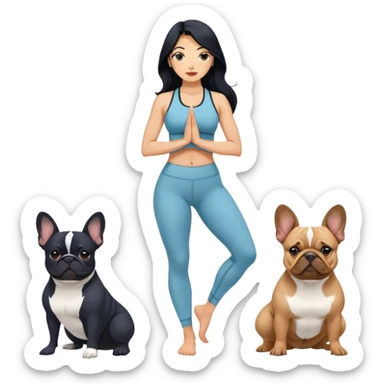 latin woman in yoga outfit with long black hair standing alongside two French bulldogs  sticker