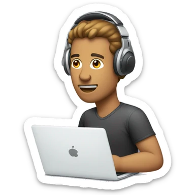 man in headphones talking hold laptop and phone only upper part of body  sticker