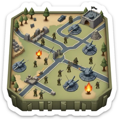 An icon showing a strategic battle scene with a top-down view of an army, inspired by classic strategy games. The interface displays unit icons, a minimap, and resource counters. Soldiers and siege weapons engage in combat on detailed terrain. Transparent background. sticker