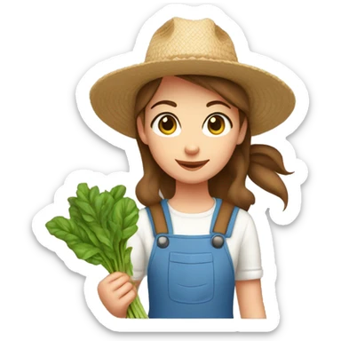 farmer girl blue eyes, brown hair, with a straw hat, ponytail, holding greens sticker