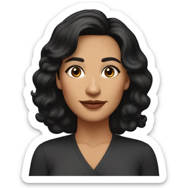 Middle-aged woman, black wavy medium length hair, tan skin, aquiline nose, medium full lips, dark brown eyes, medium thin brows, oval face sticker