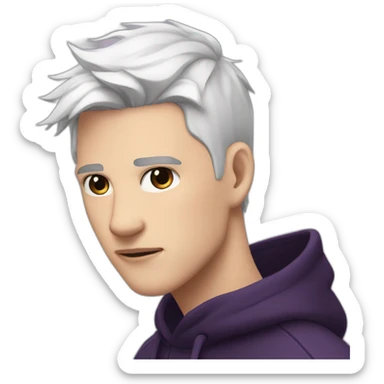White hair's guy black eyebrows with black swether and purple eyes and 15 years old sticker