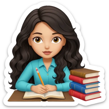 a pretty tan bratz girl with black wavy long hair studying. Pile of books on the table. No glasses sticker