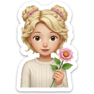 blonde hazel eyes girl holding a flower with a white cable knit sweater and a curly messy bun with tendrils of hair flowing down her face and she is happy pale, some freckles, blush sticker