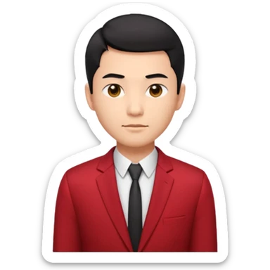 cool handsome Asian man emoji, short black hair styled with exposed forehead, natural slick hairstyle, sharp facial features, fair skin, confident eyes, subtle smirk, wearing dark red suit and white shirt with top buttons undone sticker