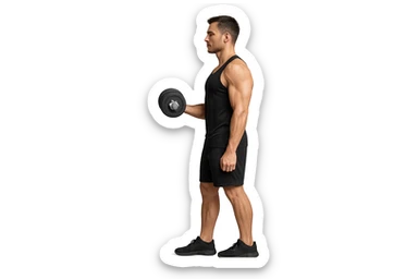 uomo fitness di profilo a figura intera con manubrio da palestra in mano, iperrealistico 4k sticker