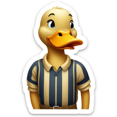 duck wearing a striped polo shirt and a gold diaper sticker