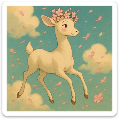 feminine adult vanilla cloud doe, rosy cheeks, cherry blossom crown, floating gracefully, elegant and magical, Ghibli-Pixar style sticker