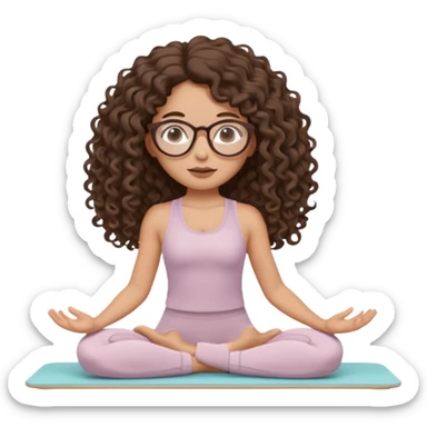 Memoji-stylegirl with long dark brown curly hair, round glasses, large brown eyes, soft rounded face, warm beige skin tone, wearing neutral Pilates activewear, calm wellness aesthetic, pastel colors, sticker-style digital illustration, smooth shading, white outline,reformer pilates doing. sticker