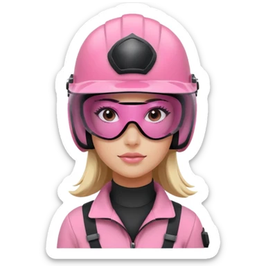 pink power ranger, woman emoji, with helmet on, black visor eye protection sticker