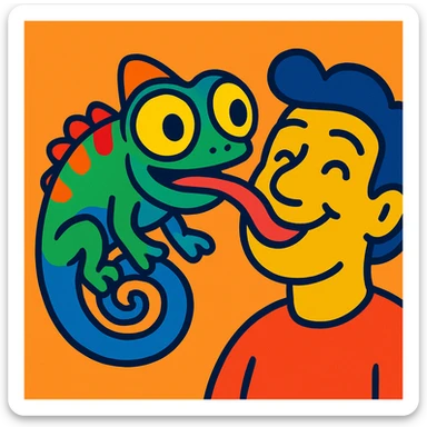 cute chameleon with exaggerated eyes licking a human face, vibrant colors sticker