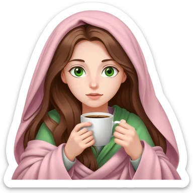 A pretty white girl with very long brown hair and green eyes in a light pink blanket sipping coffee sticker