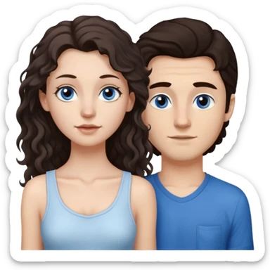 white girl, dark brown long slightly curly hair , skinni but with big breast , septum piercing on nose, beautiful dark gray-blue eyes, in white dress , boy dark brown eyes , light white skin , tall , skinny , light brown mid haircut ,  sticker