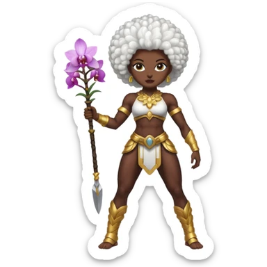 full body dark skin woman white hair afro muscular build orchid warrior spirit sticker