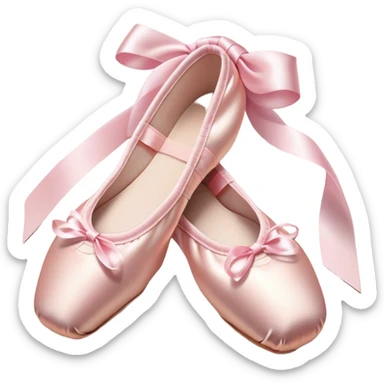 Cinematic Realistic Ballet Shoes, soft satin pink pointe shoes with delicate ribbons, resting gently on a polished wooden floor, subtle creases in the fabric, glowing under the warm golden light of a rehearsal studio, evoking elegance and grace. sticker