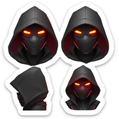 developer behind his laptop with this style : crysis Cyberpunk Riot Games Valorant neon glowing bright red character red dark black hooded assassin themed character sticker