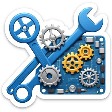 An icon featuring a wrench, gears, and a blueprint, symbolizing engineering. The design includes a circuit board, a hammer, and a compass, representing the creation and innovation of machines, structures, and technology. Transparent background sticker