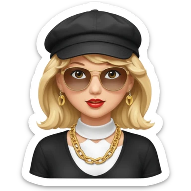 Taylor Swift with wavy hair wearing a backwards cap, sunglasses, and a thick gold chain around her neck sticker