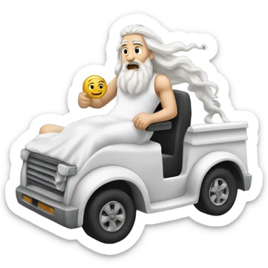 white man Poseidon driving truck. long white hair white dress. driver sticker