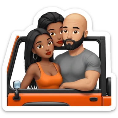 Intimate moment between lovers, real photo Realistic Couple, black woman with long black balayage hair is kissing bald white muscular man with orange facial hair and beard in a red Jeep Wrangler  sticker