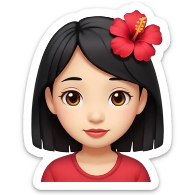 cute emoji-style girl face inspired by Lilo from Lilo & Stitch, only the head, big round eyes, soft smile, smooth tan skin, straight black hair, a single red hibiscus flower hair clip on the left side, kawaii style, minimal details, pastel colors sticker