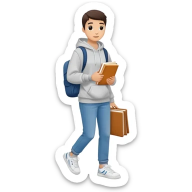 A flat-style illustration of a college student with a tote bag over the shoulder and a book in one hand. The student wears a hoodie, jeans, and sneakers. Clean cartoon style, white background, iOS emoji aesthetic. sticker