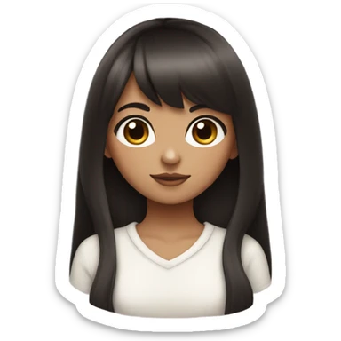 Dark brown haired pretty girl with olive skin with straight across bangs and long hair holding a black and white cat sticker