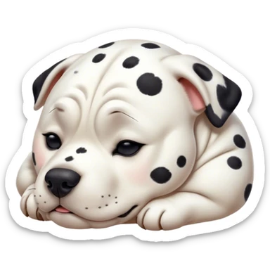 Cinematic Chubby Sleeping Dalmatian Portrait Emoji, Chubby and serene, with a round, plump build and a glossy white coat adorned with distinctive black spots, eyes gently closed in peaceful slumber, Simplified yet irresistibly endearing features, highly detailed, glowing with a gentle, dreamy glow, high shine, relaxed and content, stylized with a touch of whimsy, bright and heartwarming, soft glowing outline, capturing the essence of a blissfully sleepy companion, so comically serene it feels like it could roll out of the screen and snore with adorable charm! sticker