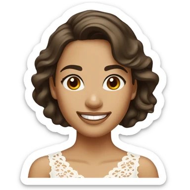 Adult woman with brown eyes, smiling, light tanned skin, long wavy dark brown hair, wearing a white lace dress. sticker