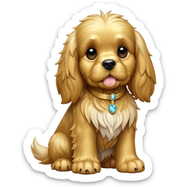 cinematic-[cocker spaniel dog]-realistic-full-body-sitting-emoji,-tail-resting-loosely-beside-its-paws,-head-tilted-dramatically,-scruffy-[solid gold]-fur,-simplified-yet-realistic-focused-features,-highly-detailed,-glowing-with-an-almost-sarcastic-glow sticker