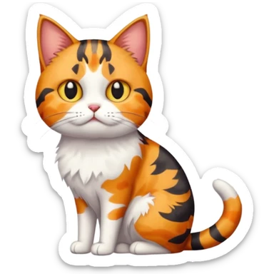 full body colourful calico tabby cat with skinny head and fat body with an anxious face sticker