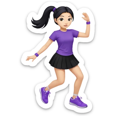 Mujer bailando con zapatillas violeta, pollera negra y remera violeta, mujer con pelo negro y recogido en una coleta sticker