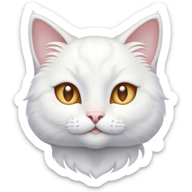 Cinematic Cute White Cat Portrait Emoji, Head tilted with a soft, gentle smile and sparkling eyes, featuring a silky, pristine white fur with subtle silver highlights, simplified yet irresistibly adorable, highly detailed, glowing with a warm, snowy glow, high shine, radiating affectionate charm and tender grace, styled with a light, playful outline, capturing the essence of a cute white cat that looks as if it could melt your heart with a single blink! sticker