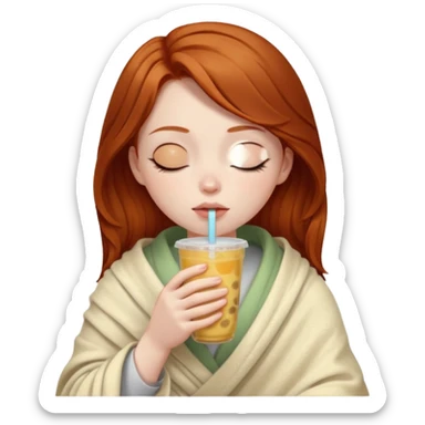 dark ginger haired girl with pale skin, wrapped in a blanket, sipping boba, eyes closed sticker